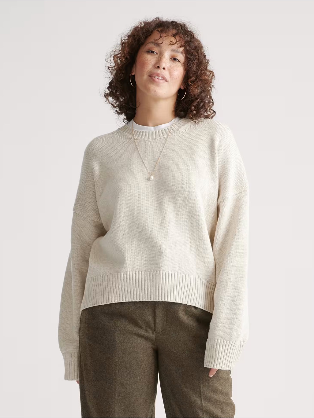 Quince Women's 100% Organic Cotton Boyfriend Crew Sweater Beige Size Large